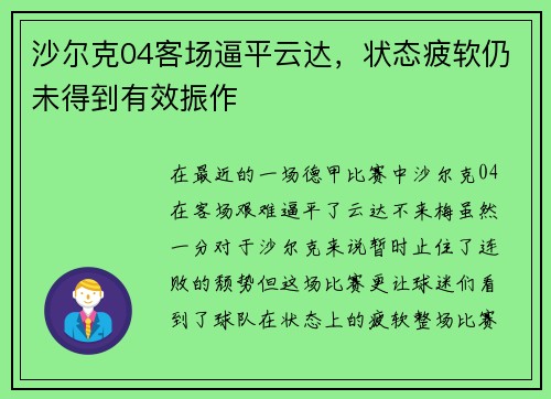 沙尔克04客场逼平云达，状态疲软仍未得到有效振作